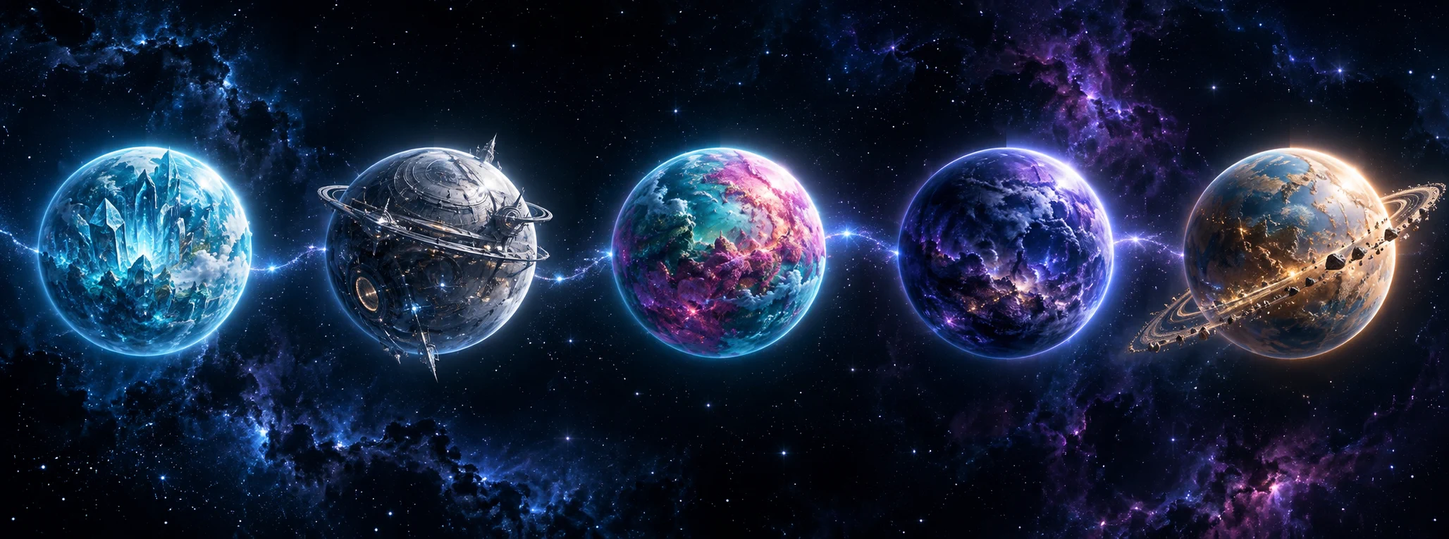 五颗不同的知识星球沿星际航线依次展开